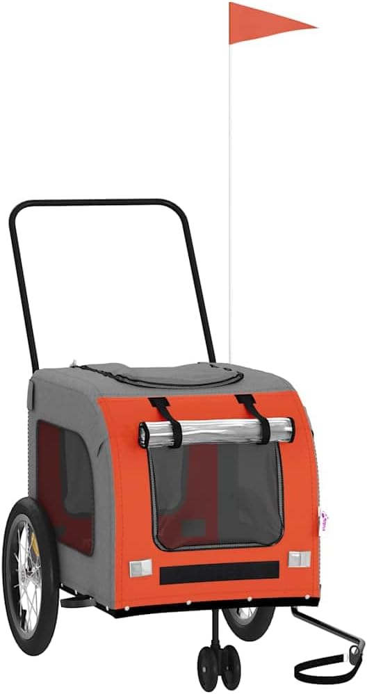 Pet Bike Trailer for Small Dogs, Foldable Bicycle Cargo Trailer with Iron Frame, Oxford Fabric Cabin, Safety Reflectors and Flag, Orange and Gray