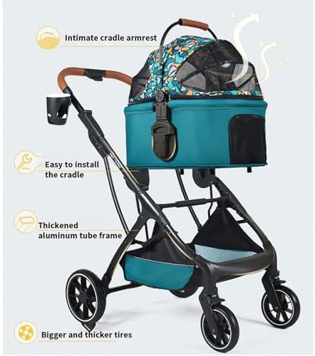 4 Wheels Pet Stroller Dog Cat Travel Stroller Lightweight Folding Crate Stroller 360° Front Wheel with Storage Basket + Cup Holder Basket Can Be Used Alone Holds Pets Up to 20 Kg / 44 Lbs ( Color : Gr
