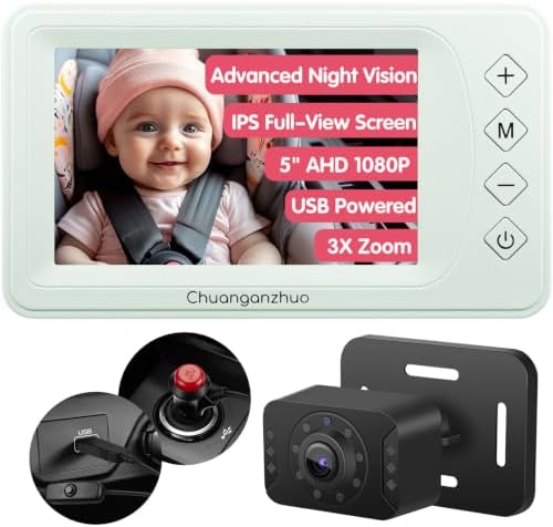 Baby Car Camera with Advanced Night Vision, AHD 1080P 5inch IPS Full View Car Baby Monitor, Carseat Camera for Kids Infants Rear Facing Mirror, USB Powered, 5inch Light Green