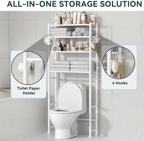 GloTika 4-Tier Over The Toilet Storage Shelves, White | 200lb Total Capacity, Metal Bathroom Organizer with 36" Clearance, Includes Paper Holder & 4 Hooks, Suit for Small Space