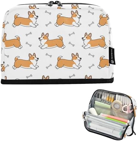 Emelivor Cute Pets Dogs White Print Large Capacity Pencil Case Stand Up Pencil Pouch for School Office Aesthetic Pen Organizer Bag with Pockets Portable Stationery Bag for Adults Kids Teens