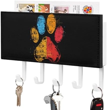 Love Pet Puppy Dog Paw Wall Mounted Key Holder Organizer with 5 Key Hooks Self Adhesive Key Hanger Rack Decor for Hallway