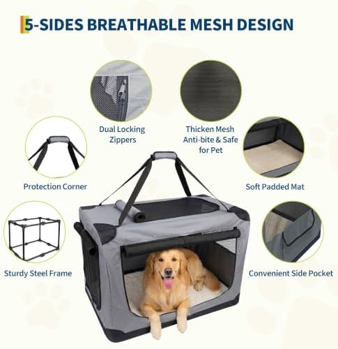 Collapsible Soft Dog Crate for Travel & Home - 3-Door Portable Kennel with Washable 600D Cover, Fleece Bed, Side Pocket, Safety Zippers - Medium Size