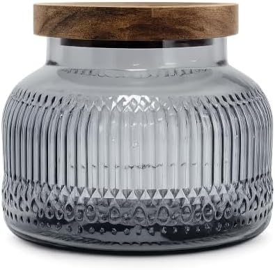 Decorative Grey Ribbed Glass Jar with Airtight Wooden Lid, 25.4 fl. oz | Wide mouth vintage storage canister, kitchen pantry bathroom organization, coffee sugar tea cookie candy candle vase gift