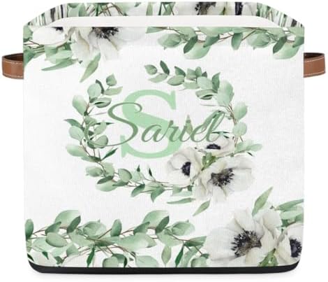 Personalized Storage Baskets for Organizing, Foldable Storage Bins with Handles Custom Cute Basket for Boys, Girls, Pet, Clothes, Blanket, Bedroom Nursery Toy Storage Gift, Eucalyptus Leaves