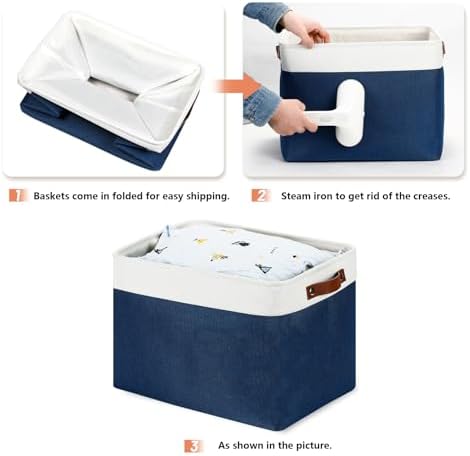 DULLEMELO Large Storage Baskets, Fabric Storage Bins for Organizing Foldable Linen Shelf Baskets for Clothes, Toys, Closet, Laundry (White&Blue,16"x12"x12"-1 Pack)
