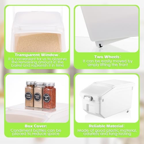 Sunnyray 4 Pcs Rice Storage Containers Bulk Flour Sugar Container Wheels Measuring Cups Set Airtight Pet Dog Cat Birds Food Bin Grain Cereal Organizer Box for Dry Baking(White,22 lb)