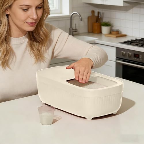 Airtight Rice Storage Container, Dry Food Dispenser with Transparent Sealed Lid for Kitchen Pantry Organization for Storing Rice, Cereal, Flour, Pet Food and Other Dry Ingredients (Beige, S)