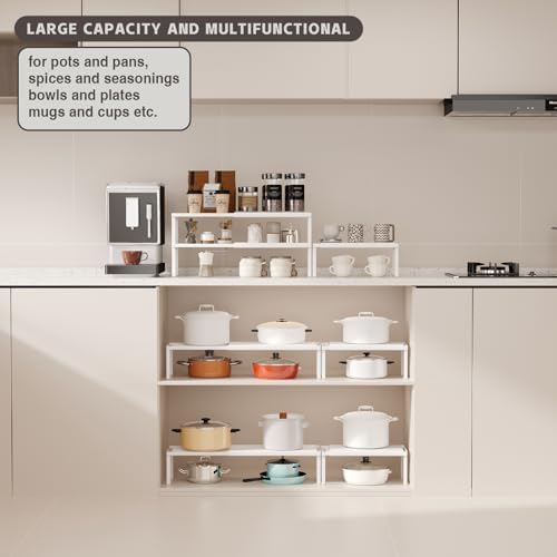 Magheo Expandable Cabinet Shelf Organizer, 2 Pack Stackable Kitchen Counter Shelf Riser, Metal Spice Rack Heavy Duty Countertop Organizer Storage for Kitchen, Pantry, Cupboard, Rv (5.9in Height,White)