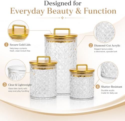 3-Pack Diamond-Cut Acrylic Storage Jars with Gold Lids – Airtight Clear Canisters for Bathroom & Kitchen | Apothecary Jars for Cotton Pads, Qtips, Snacks, Candy & Home Organization