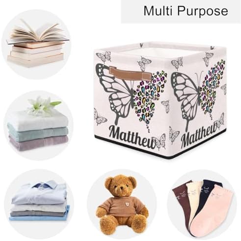 Personalized Storage Baskets for Organizing, Foldable Storage Bins with Handles Custom Cute Basket for Boys, Girls, Pet, Clothes, Blanket, Bedroom Nursery Toy Storage Gift,13 x13 x13 In, Butterfly