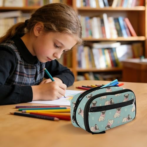 Cute Pets Pug Teal print Large Capacity Pencil Case with Zipper Water Resistant Portable Organizer Pen Bag for School Office Students