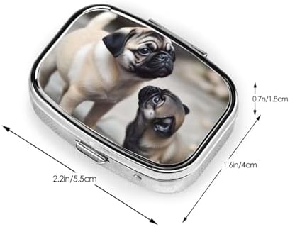 Pill Box 2 Compartment Medicine Pill Case for Pocket or Purse Mini Metal Pill Holder Cute Pet Pug Pill Case Vitamin Organizer Portable Travel Pill Container to Hold Supplements Vitamins