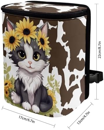 Car Trash Can Cars Waste Basket with Lid Storage Pockets for Disposable Garbage Bag Multipurpose Collapsible Car Organizer, Cat Sunflower Cow Print