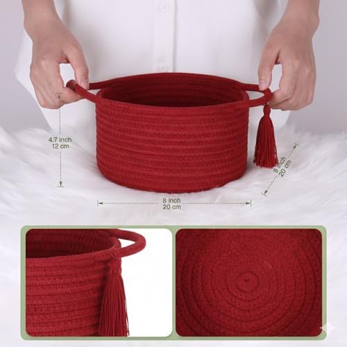 Small Gift Basket Empty to Fill with Cellophane Bag & Ribbon, Red | Cute Decorative Mini Woven Rope Basket with Handles for Gifting; Reusable for Bathroom Counter or Desk Catchall, 8 x 4.7 in