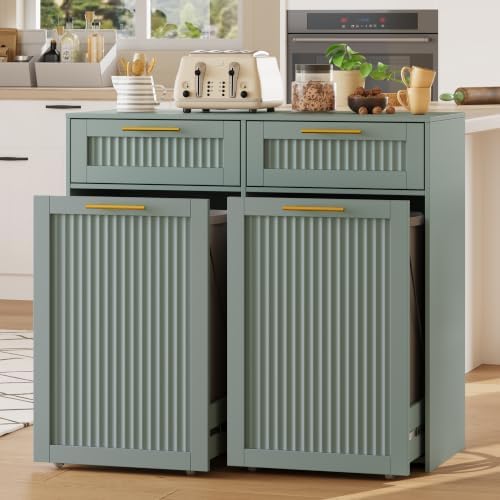 2 X 13 Gallons Pull Out Trash Can Cabinet, Double Trash Cabinet, Green | Fluted Kitchen Trash Cabinet with Drawers, Freestanding Hidden Garbage Pet Proof Trash Can Holder for Laundry, Living Room