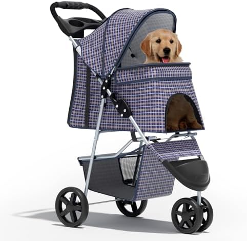 Foldable 3-Wheel Pet Stroller for Small/Medium Dogs & Cats, Plaid | Storage Basket & Cup Holder, Breathable Mesh Cover, Lightweight and Durable, for Small to Medium Pets, up to 33 lbs
