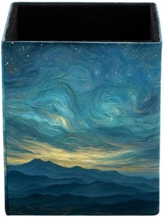 Mountain and Starry Sky Pen Holder for Desk Decor, Rectangular PVC Leather Pencil Cup for Desk Pen Organizer, Makeup Brush Holder for School, Home, Office