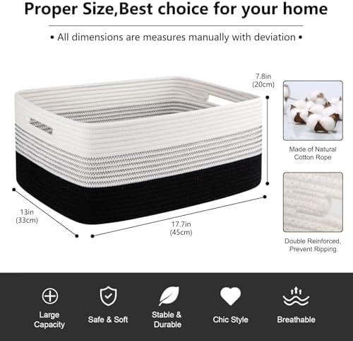 OIASKET Large Storage Basket for Organizing, Woven Rope Basket for Shelves, Closet Organizer Bins for Clothes, Blanket, Toys, Baby Nursery Storage, 17.7" x 13" x 7.87", 2 Packs Gradient Black