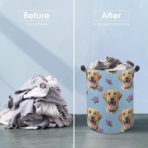 Collapsible Clothes Basket with Handles Floral Yellow Labrador Dog Pet Painting, Large Waterproof Laundry Hamper for Toy, Towel, and Home Organization