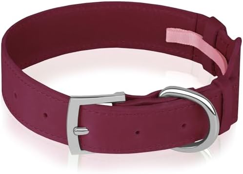 Leather Dog Collar with Airtag Holder - Apple Air Tag Dog Collars - Soft Tracking GPS Pet Collar for Small Medium Large Dogs Breed Puppy (Burgundy, L, 15"-19" Neck Fit)