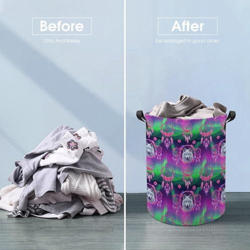 Portable Collapsible Hamper Flower Dream Catcher Boho Wolf, Waterproof Laundry Basket with Handles for Bedroom, Bathroom, and Toy Storage