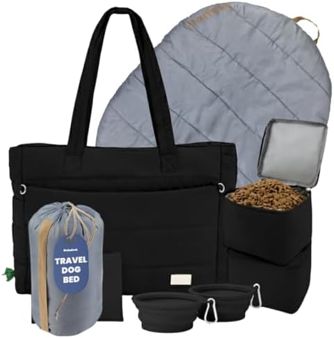 Rubyloo Dog Mom Bundle - Puffer Tote with Storage Containers (Black) and Foldable Travel Bed (Foggy Trail Grey) - Travel Bag and Cozy Mat Set