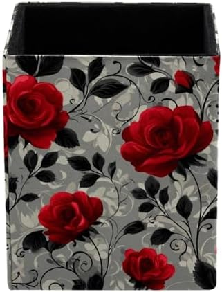 Beautiful Rose Pen Holder for Desk Decor, Rectangular PVC Leather Pencil Cup for Desk Pen Organizer, Makeup Brush Holder for School, Home, Office