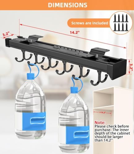 Pull Out Broom Holder With Adjustable Double Row Sliding Hook-Grey 14.2IN | Multifunctional Slide Broom And Mop Storage/Organizer Garage Organization Hooks, for Closet Laundry Garage Kitchen