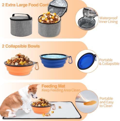 Dog Travel Bag with 2 Food Containers Collapsible Bowls & Feeding Mat, Grey