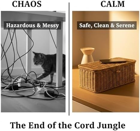 Hand-woven rattan cable organizer, decorative cable organizer for power outlets and chargers, pet-protected(#B,L)