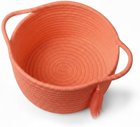 Small Gift Basket Empty to Fill with Gifts Bag & Ribbon, Orange | Cute Decorative Mini Woven Rope Basket with Handles for Gifting; Reusable for Bathroom Counter or Desk Catchall, 8 x 4.7 in