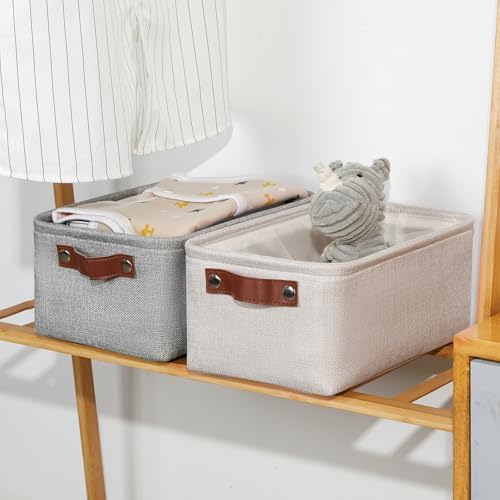 DULLEMELO Small Storage Basket for Shelves, Small Fabric Collapsible Rectangular Storage Bin for Shelves, Closets, Nursery, Home, Office, Empty Gift Basket (Beige)