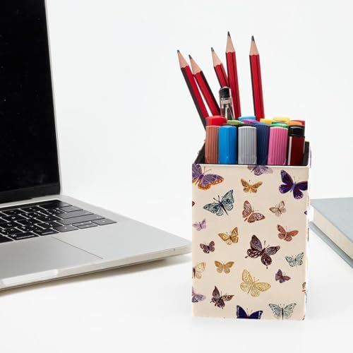 Butterfly Pen Holder for Desk Decor, Rectangular PVC Leather Pencil Cup for Desk Pen Organizer, Makeup Brush Holder for School, Home, Office