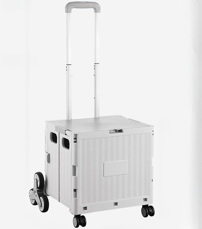 Collapsible Shopping Box Trolley on Wheels with Lid,75L Large Capacity Folding Portable Rolling Crate Handcart with Telescopic Handle for Camping (Grey,Medium Eight Wheel)
