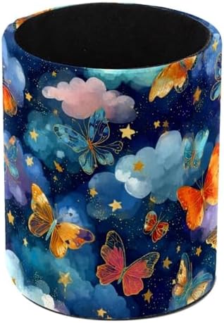 Faux Leather Pen Holder for Desk, Pencil Organizer Butterfly Pen Cup Desk Decor Makeup Brush Holder Storage for Office Home