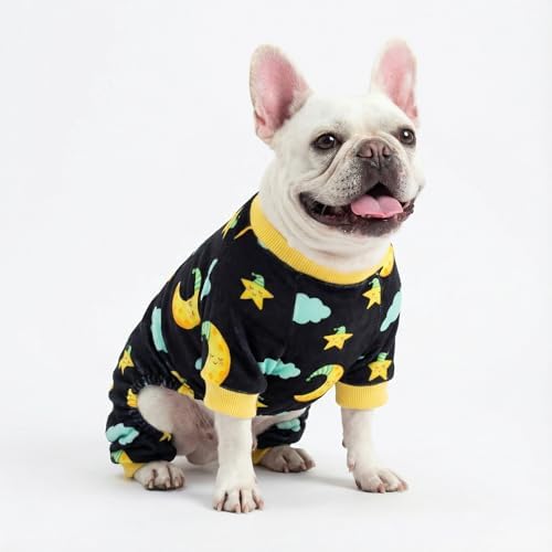 Fitwarm Moon and Stars Dog Fleece Pajamas, Cozy Winter Clothes for Small Dogs Boy Girl, Funny Pet Outfit, Black, Yellow, Small