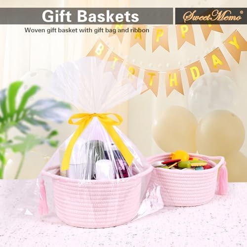 3-Pack Small Gift Basket Empty to Fill, Cellophane Bag & Ribbon, Pink | Cute Decorative Mini Woven Rope Basket with Handles for Gifting; Reusable for Bathroom Counter or Desk Catchall, 8 x 4.7 in