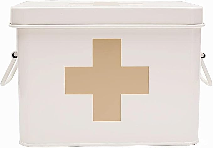 Lassos Boutique Retro Enameled First Aid Box for Medicine Storage and Home Decor with Lid and Removable Tray