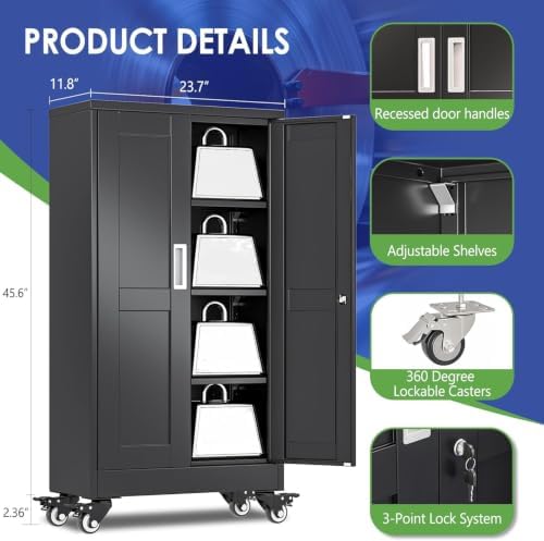 45.6" Metal Garage Storage Cabinet with Wheels and Locking Doors and Tall Rolling Steel Tool Cabinet with 3 Adjustable Shelves for Garage,Home,Office,Shop (Black, 45.6''H x 23.7''W x11.8''D)