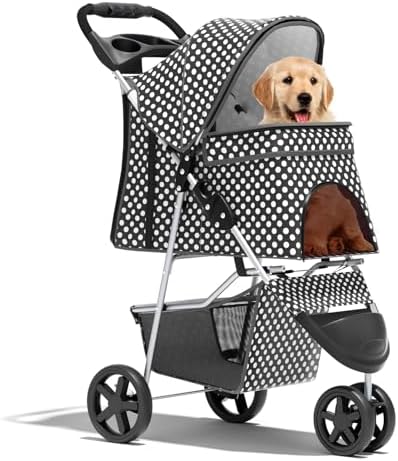 Foldable 3-Wheel Pet Stroller for Dogs & Cats, Black Polka Dots | Storage Basket & Cup Holder, Breathable Mesh Cover, Lightweight and Durable, for Small to Medium Pets, up to 33 lbs