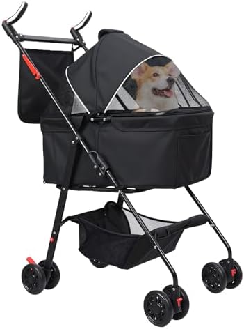 Foldable Pet Stroller with Light Barrier, 3 Wheels Dog Cat Pet Stroller for Small/Medium Dogs Cats, Foldable Portable Compact Jogge Strollers with Storage Basket, Removable Black