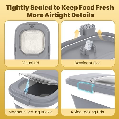 HOYTAMDA 25-35Lbs Collapsible Rice Container,Food Storage Containers Wheels | Rice Storage Container with Airtight Clear Lid,Handle,Small Bin &Scoop,Rice Dispenser for Flour Sugar Cereal Dog Cat Food