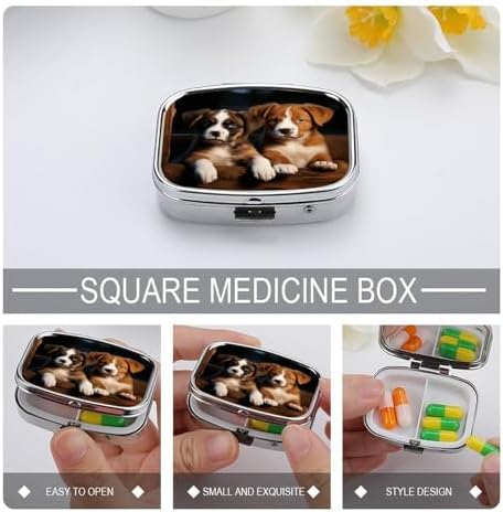 Puppies Dogs Pets Animals Pill Case 2 Compartments Small Pill Box with Mirror Square Medicine Travel Pill Organizer Pocket Purse Medicine Vitamin Organizer for Fish Oil, Supplements