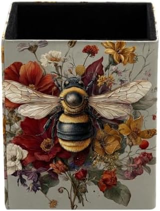 Cute Bee Pen Holder for Desk Decor, Rectangular PVC Leather Pencil Cup for Desk Pen Organizer, Makeup Brush Holder for School, Home, Office