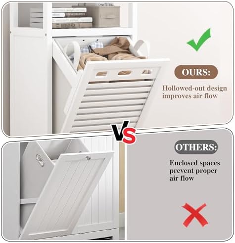VASMIA Tilt Out Laundry Hamper,Bamboo Laundry Storage Cabinet with Shelf,10 Gal Hidden Laundry Basket Organizer for Bathroom,Laundry Room,White