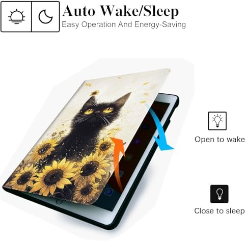 for Microsoft Surface Pro 7 Plus,Surface Pro 7/6/5/4 12.3" Tablet Case,Auto Wake/Sleep,Adjustable Stand Protective Cover - Black Cat Sunflower