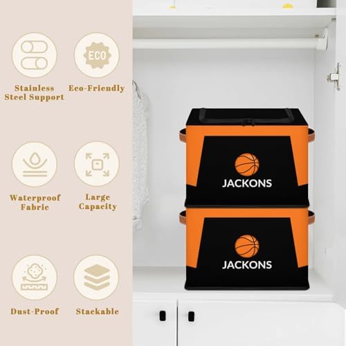 Custom Storage Basket with Zipper Lid, Basketball Sport Ball Foldable Fabric Storage Boxes Decorative Closet Shelves Clothes Organizer Container Cubes with Handle 1PCS