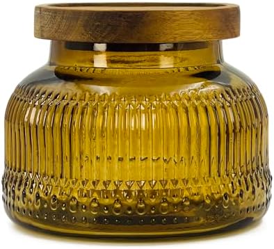 Decorative Amber Ribbed Glass Jar with Airtight Wooden Lid, 25.4 fl. oz | Wide mouth vintage storage canister, kitchen pantry bathroom organization, coffee sugar tea cookie candy candle vase gift