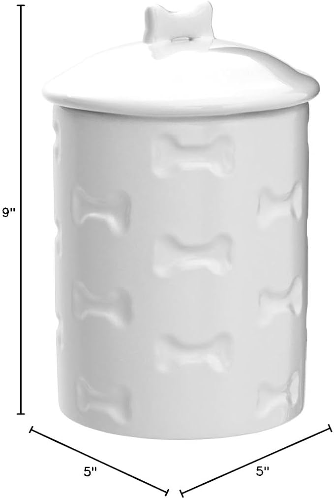Park Life Designs Ceramic Treat Jar, Kitchen Countertop Container for Dogs, Cats, Puppies and More, Chic Container with Airtight Lid for Cookies, Biscuits and Treats (Manor) (Bones, White, 1.4 Qt)